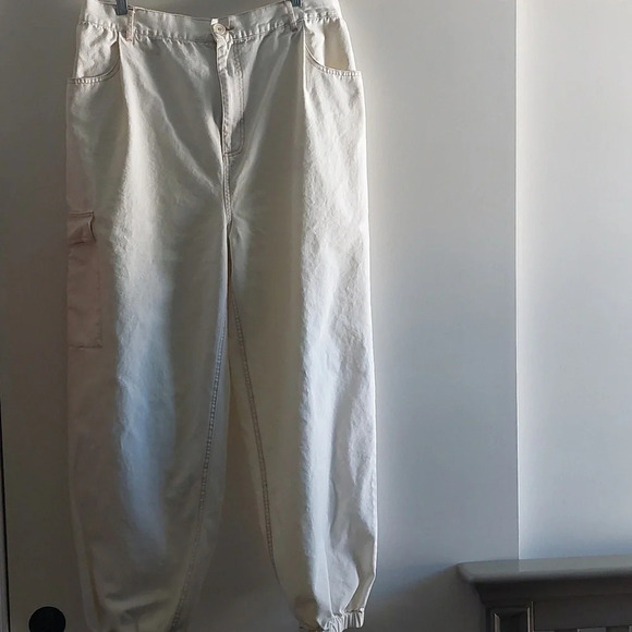 Cotton Canvas Utility Parachute Cargo Joggers Ivory Cream Size 14 Baggy - Picture 1 of 7